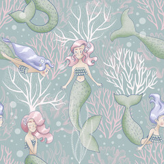 seamless pattern with mermaid and coral reef. hand drawn illustration for children