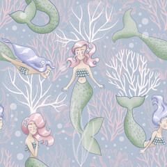 seamless pattern with mermaid and coral reef. hand drawn illustration for children, blue background