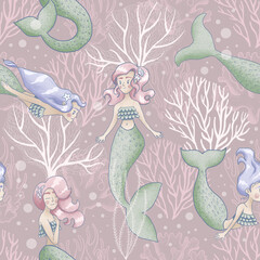 seamless pattern with mermaid and coral reef. hand drawn illustration for children, background pink