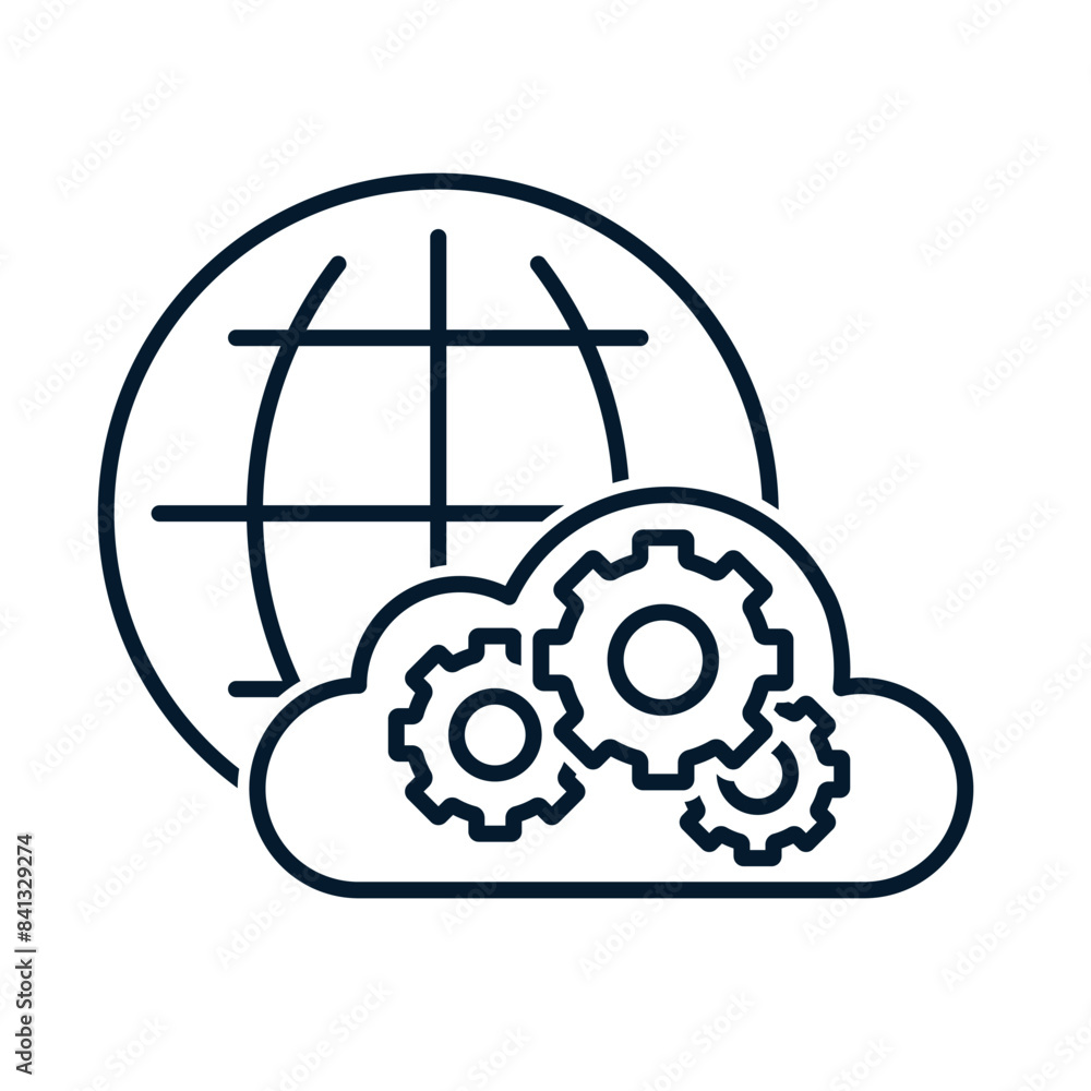 Poster planet earth with cloud storage and gear. it process concept. vector linear icon isolated on white b