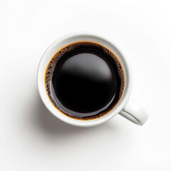 Top view of a freshly brewed cup of black coffee on a bright background, symbolizing a refreshing start to a summer morning with energy and productivity