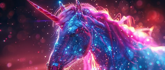 Unicorn with sparkles and rainbow hues, Cyberpunk, Neon accents, 3D render, Futuristic fantasy and glowing details 8K , high-resolution, ultra HD,up32K HD