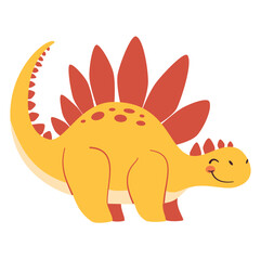 Cute yellow dinosaur in simple child style on white background, flat vector illustration . Vector illustration