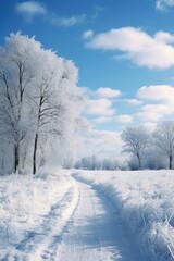 A serene winter scene featuring a snow-covered field, trees, and a road