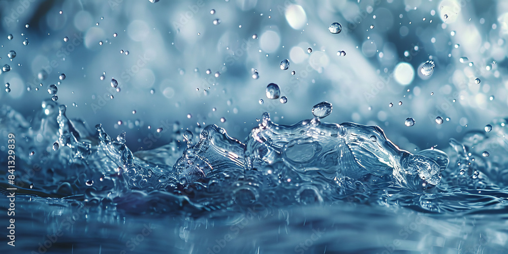 Poster close-up of water splashing with droplets suspended in mid-air, capturing the dynamic and refreshing