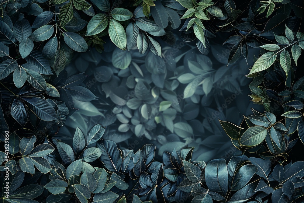 Poster empty center, dark shadowy leaves of different plants. generative ai.