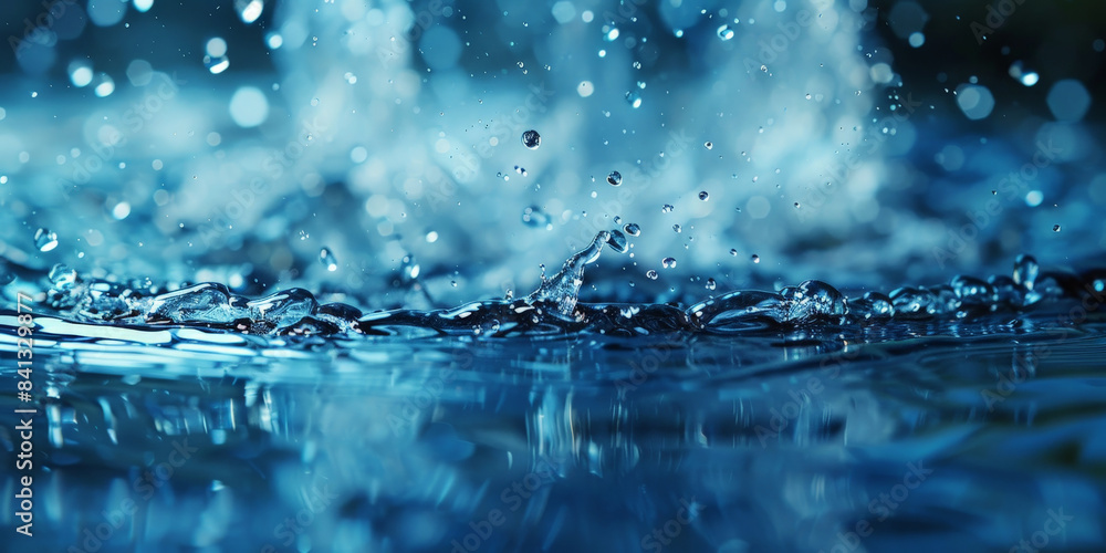Poster close-up of water splashing with droplets suspended in mid-air, capturing the dynamic and refreshing