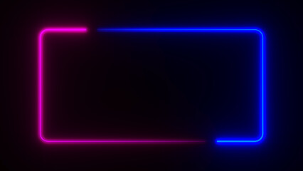 Rectangle frame with two tone neon color line on isolated black background. Empty copy space middle. 3D illustration rendering