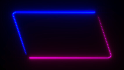 Parallelopiped frame with two tone neon color line on isolated black background. Empty copy space middle. 3D illustration rendering