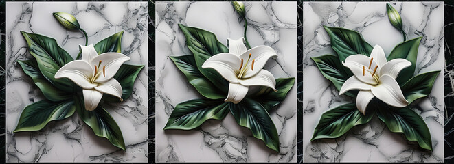 3D Lily Panel Wall Art on Marble Background, panel wall art with a marble background, each featuring a 3D-rendered lily and leaves, adjacent but separate