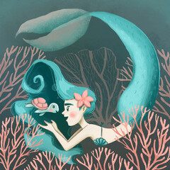 mermaid girl in sea, illustration