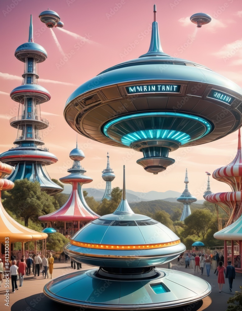 Poster a vibrant futuristic theme park features hovering spaceships, colorful towers, and excited visitors,