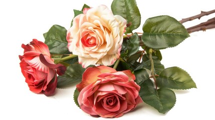 Fototapeta premium A beautiful hand-tied bouquet of yellow and red roses, wrapped in kraft paper, isolated against a white background.