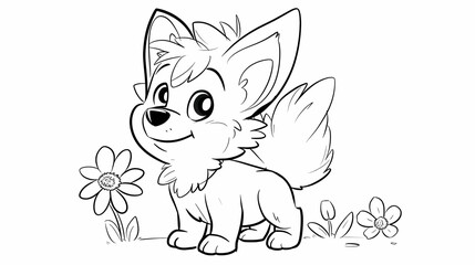 Fototapeta premium Coloring pictures of a cute fox standing among flowers with a cheerful expression.