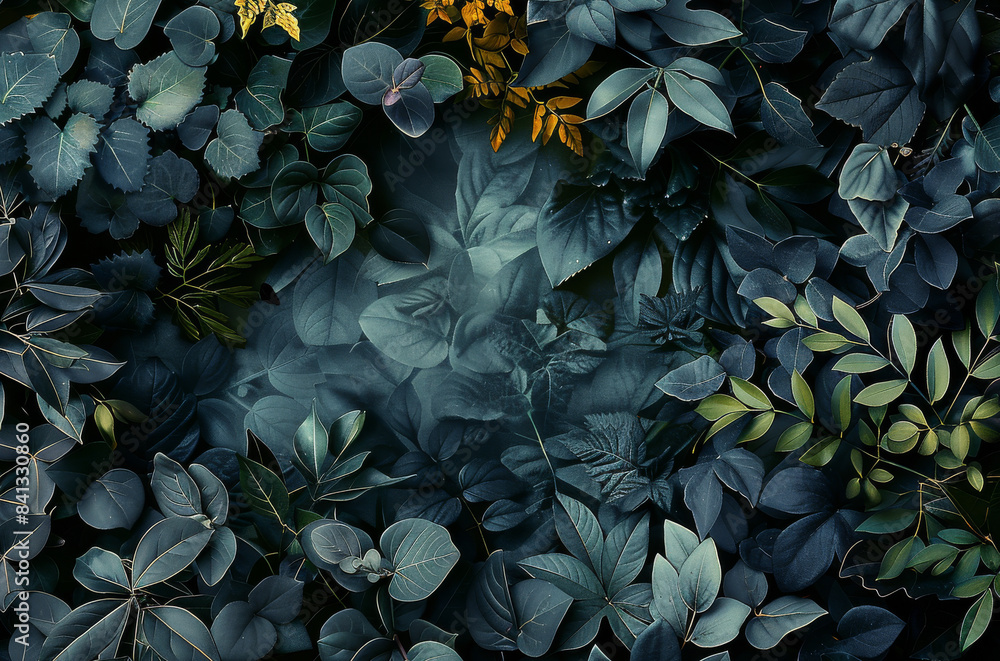 Poster empty center, dark shadowy leaves of different plants. generative ai.