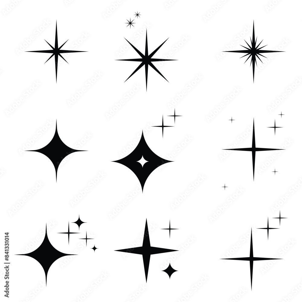 Poster set of clean shining icons. twinkle star shapes. shine icon isolated. sparkle sign. flash symbol