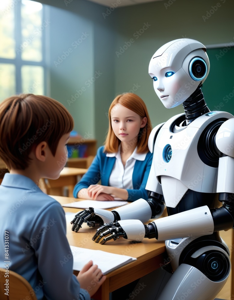 Poster a humanoid robot engages with a young student while a teacher observes in a contemporary classroom s