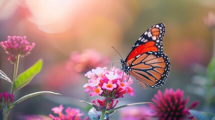 Naklejka premium Butterfly on yellow flower on blue background