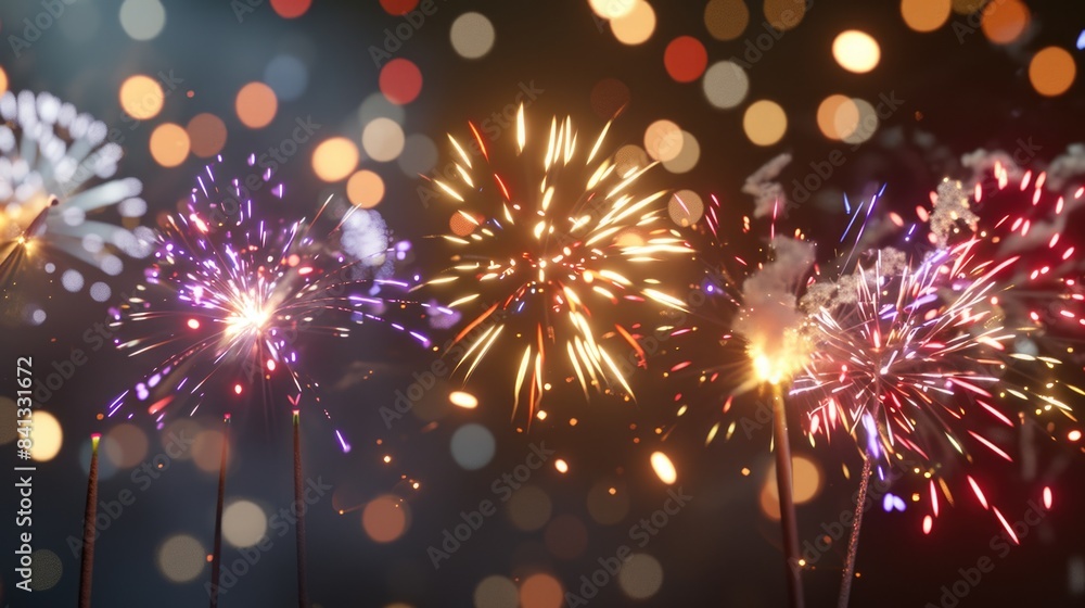 Aufkleber a group of colorful fireworks exploding in the dark night sky, ideal for use as background or to ill