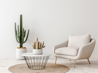 living room interior mockup with gray arm chair, small coffee table, cactus in a pot, on white wall background