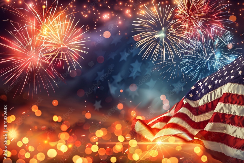 Poster a close-up of the usa flag set against a backdrop of dazzling fireworks in red, white, and blue, pro