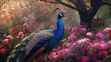 Fototapeta premium Imagine A Vibrant Scene Of A Peacock Displaying Its Colorful Feathers In A Garden Full Of Blooming Flowers