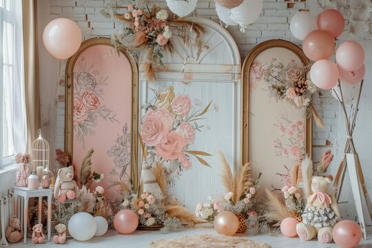 A pink and white themed party with a bear doll