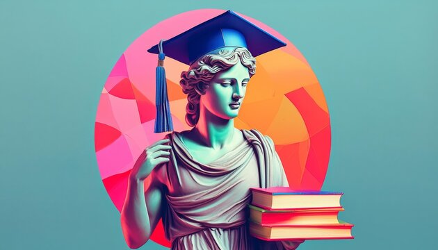 Greek Statue with Academic Cap and Books, Smiling Illustration