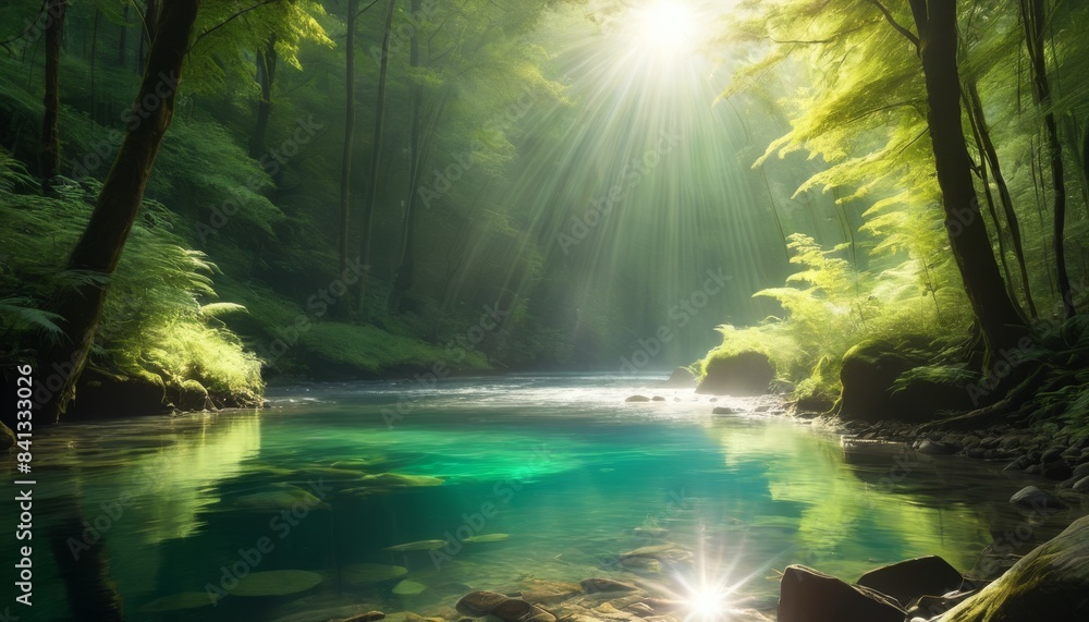 Poster a tranquil forest stream illuminated by soft sunlight filtering through the dense trees. the clear, 