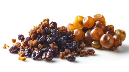 Obraz premium A pile of raisins and nuts on a white surface