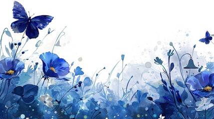 Flowers on a white background, dark blue hand bells and butterfly