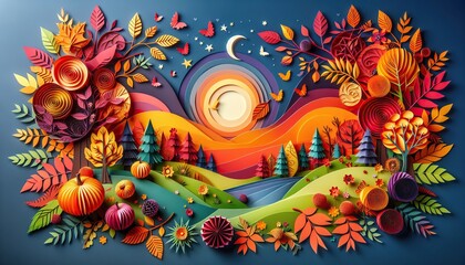 Obraz premium Autumn landscape with trees moon and butterflies in a colorful forest scene