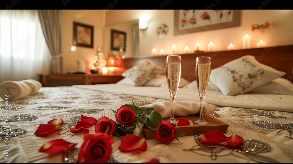 Wall mural bed adorned with a delicate bouquet of roses and champagne glasses in a warmly lit room, romantic, honeymoon and Valentine's concept.Generative AI