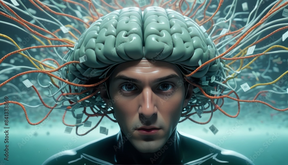 Poster an artistic depiction of a man with numerous digital cables connected to his brain, symbolizing adva