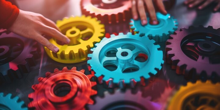 A person's hand is seen touching intricate gears