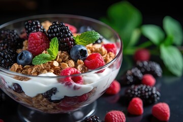A delicious breakfast or snack featuring a bowl of yogurt topped with fresh berries and crunchy granola