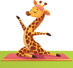 A giraffe does yoga on a mat and a green glade