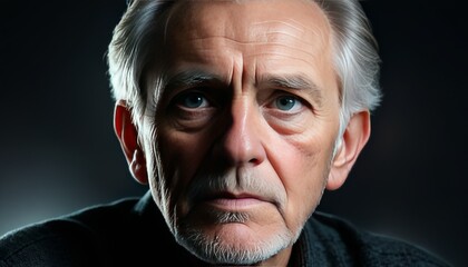 Obraz premium A detailed close-up portrait of an elderly man with gray hair and blue eyes, illuminated by soft lighting. His serious expression and the fine details of his face reflect wisdom and contemplation.. AI
