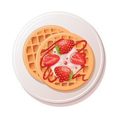 Round Viennese waffle with whipped cream, strawberry pieces and berry topping. Healthy breakfast. Delicious soft sweets, realistic isolated food vector illustration. For menu, cafe, stickers, design