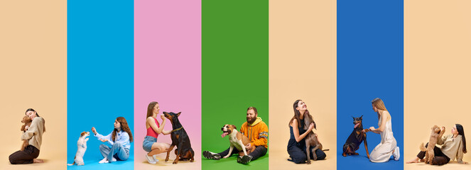 Collage. Various people and their dogs against colorful backgrounds. Man and women playing with joy...