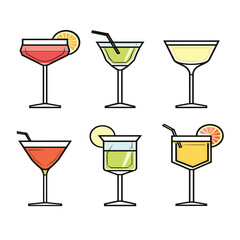 Six colorful cocktail glasses illustrated, containing various beverages, drink garnished either slice lime lemon, straws included. Simplistic design suitable bar menu graphics party invitations