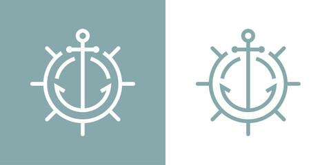 Logo nautical. Silueta con líneas de volante de timón y ancla de barco © teracreonte