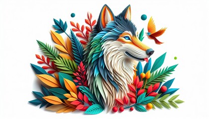 Wolf with colorful leaves and bird in vibrant nature illustration