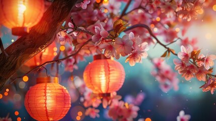Fototapeta premium Celebrating Lunar New Year with Lanterns and Cherry Blossoms