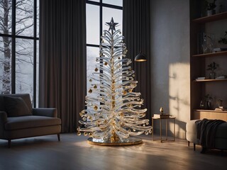 A sleekly designed Christmas tree made of glass, its abstract curved lines elegantly complementing the modern living area. The light background design enhances the tree.