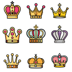 Nine distinct crowns rendered vibrant colors featuring gems royal motifs, crown has its own design, ranging classic modern styles, presented against white background. Detailed artwork suitable