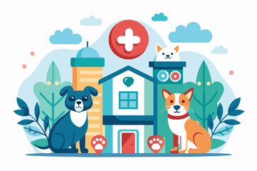 Fototapeta premium Veterinary Clinic with Dog and Cat. Abstract vector illustration of a veterinary clinic with a dog and a cat in front, surrounded by greenery