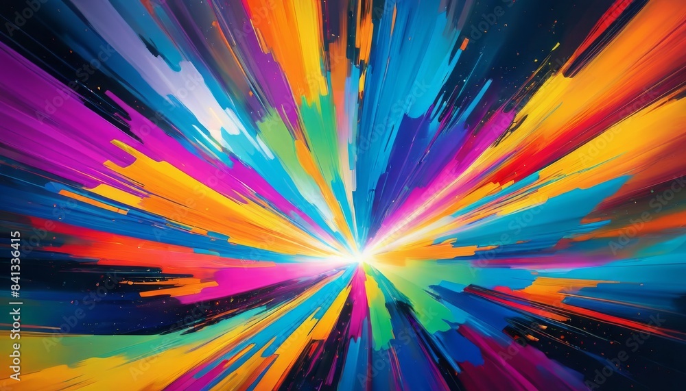 Poster a stunning abstract art piece depicting an explosion of vibrant colors radiating from a central poin