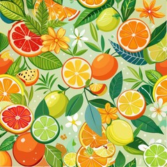 Seamless pattern of refreshing citrus fruits like oranges, lemons, and limes with tropical flowers, Generative AI