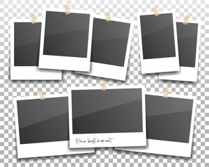 Vintage photo frames glued on tape isolated on transparent background. Realistic retro frame collection with shadow. Your best moment concept. Vector illustration.